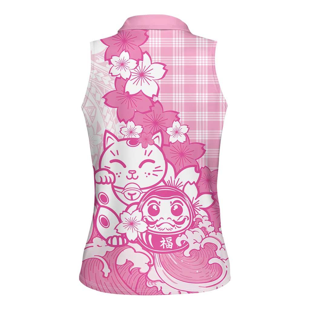 Pink Palaka Hawaiian And Japanese Women Sleeveless Polo Shirt Maneki Neko And Sakura Bloom