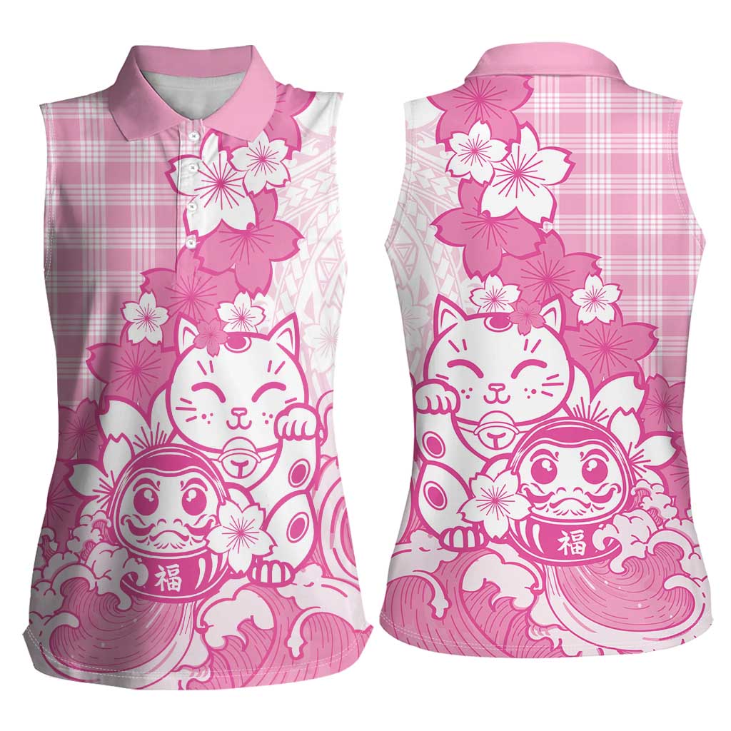 Pink Palaka Hawaiian And Japanese Women Sleeveless Polo Shirt Maneki Neko And Sakura Bloom