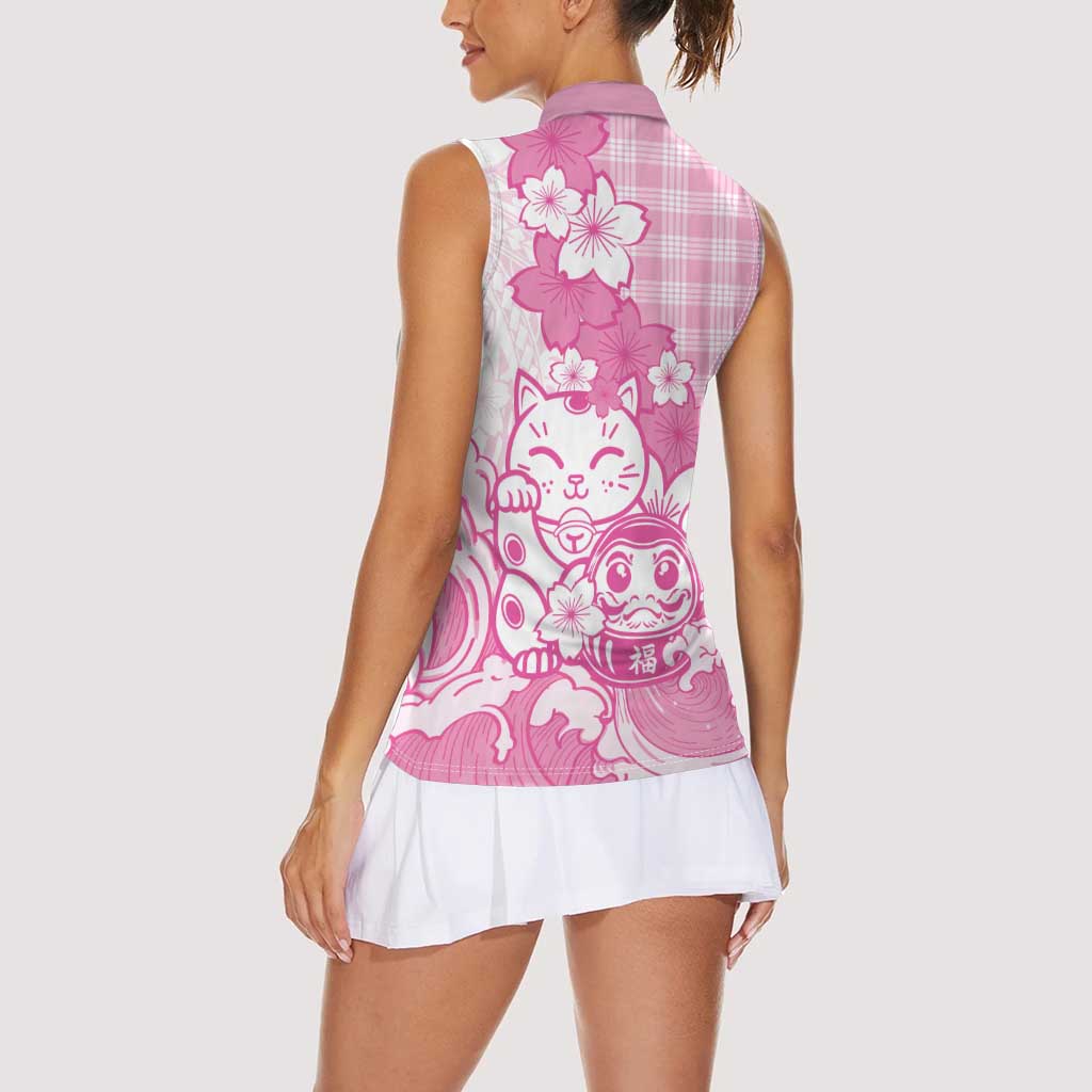 Pink Palaka Hawaiian And Japanese Women Sleeveless Polo Shirt Maneki Neko And Sakura Bloom