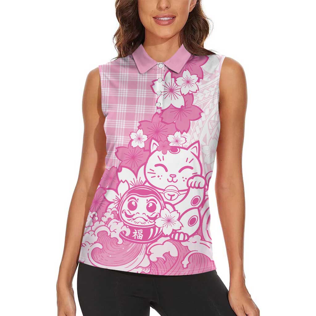 Pink Palaka Hawaiian And Japanese Women Sleeveless Polo Shirt Maneki Neko And Sakura Bloom