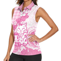 Pink Palaka Hawaiian And Japanese Women Sleeveless Polo Shirt Maneki Neko And Sakura Bloom