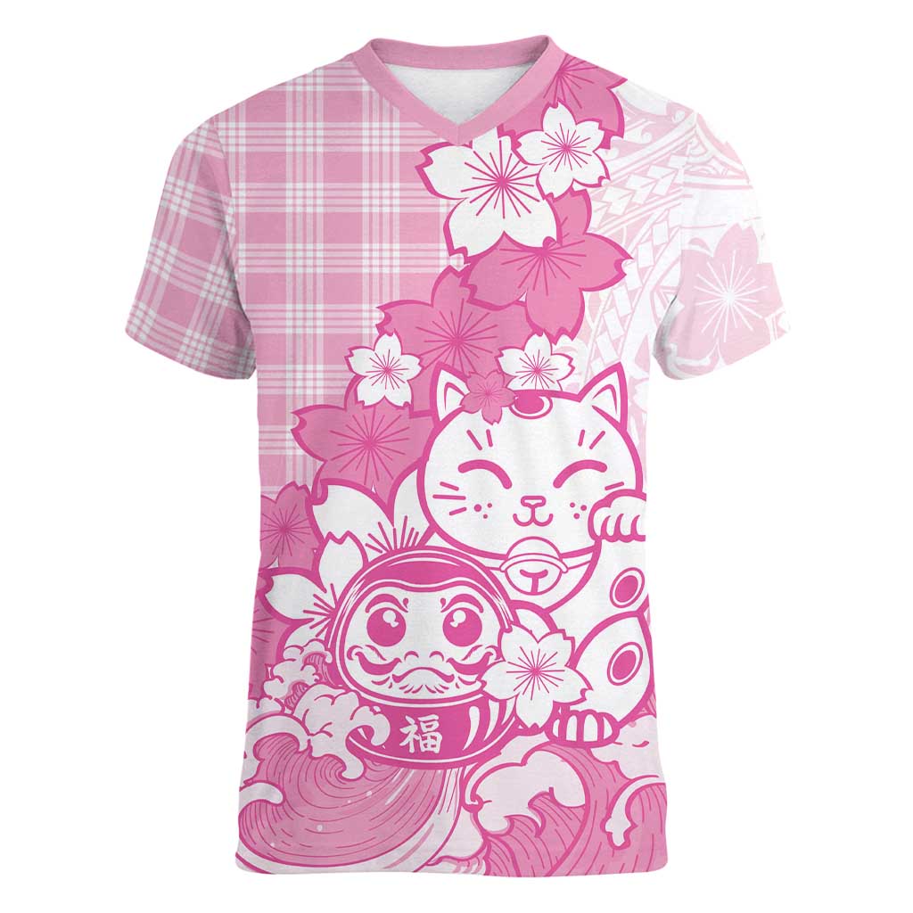Pink Palaka Hawaiian And Japanese Women V-Neck T-Shirt Maneki Neko And Sakura Bloom