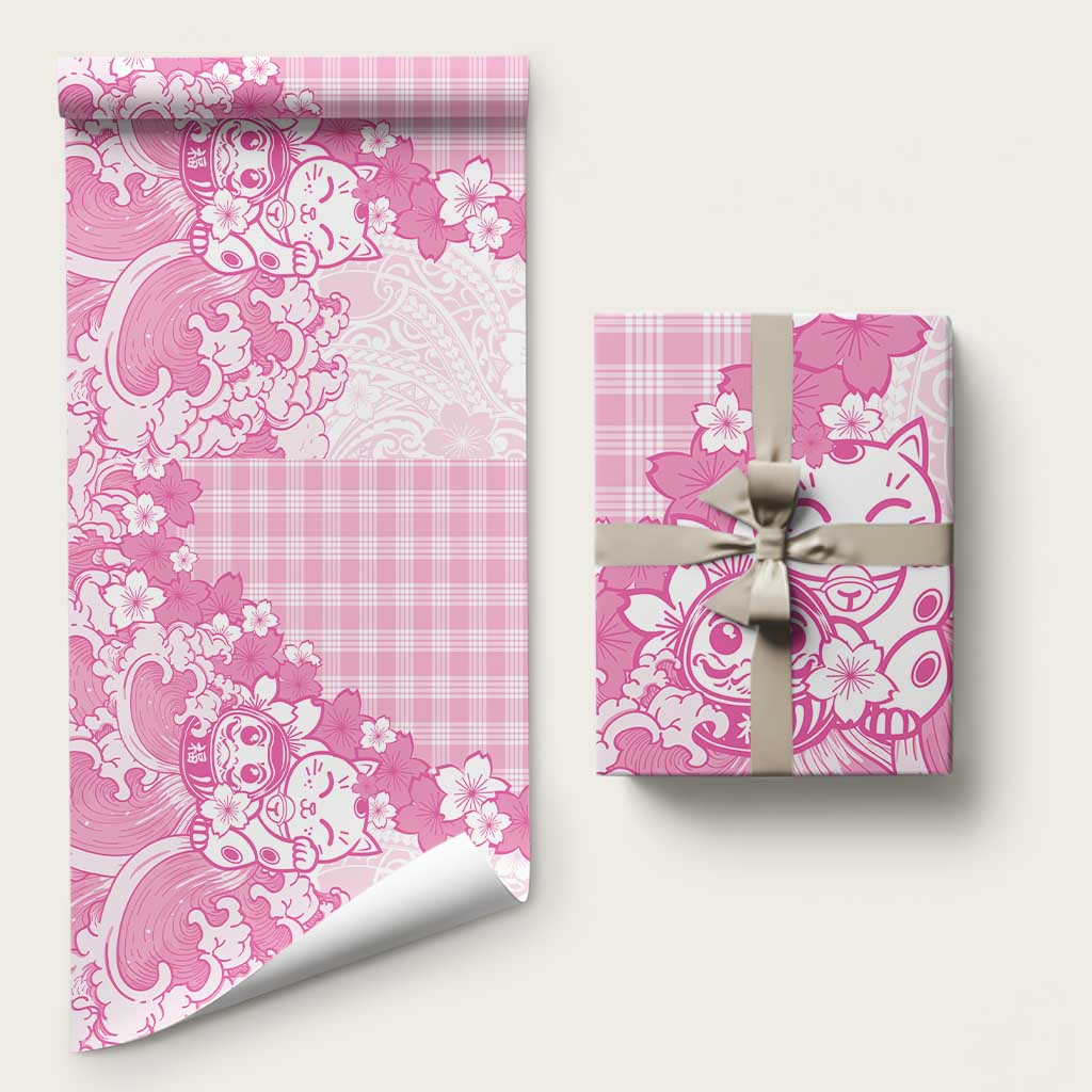 Pink Palaka Hawaiian And Japanese Wrapping Paper Maneki Neko And Sakura Bloom DT05 58" × 23" Pink - Polynesian Pride