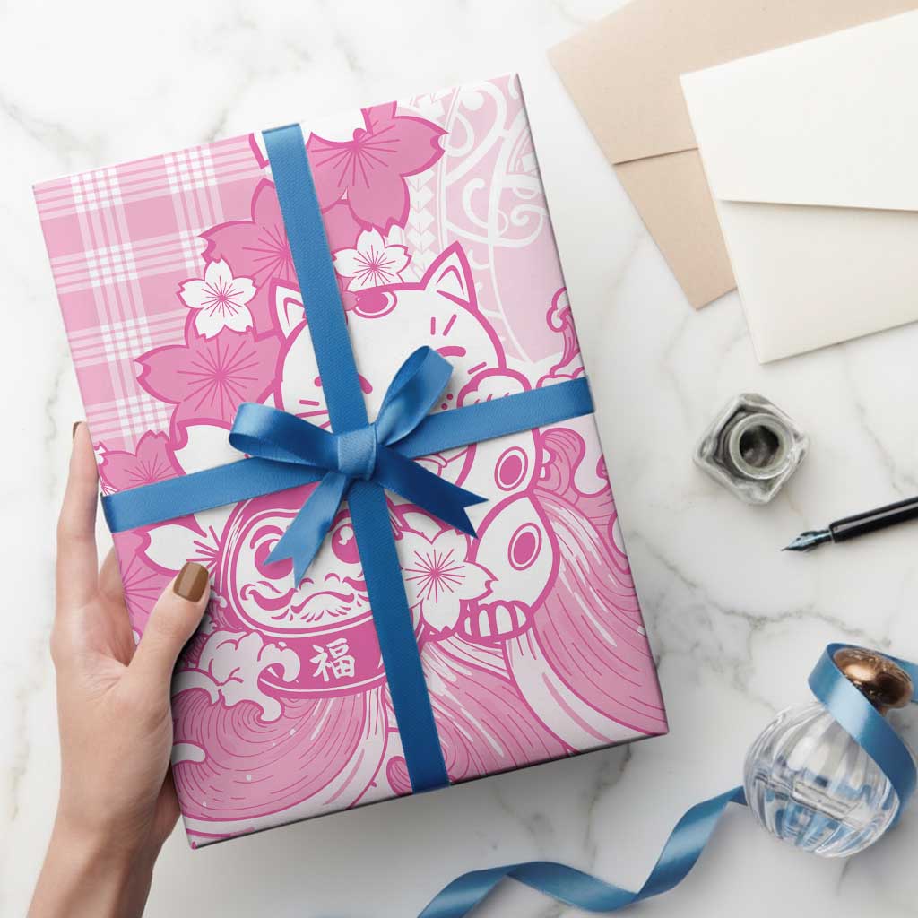 Pink Palaka Hawaiian And Japanese Wrapping Paper Maneki Neko And Sakura Bloom DT05 - Polynesian Pride