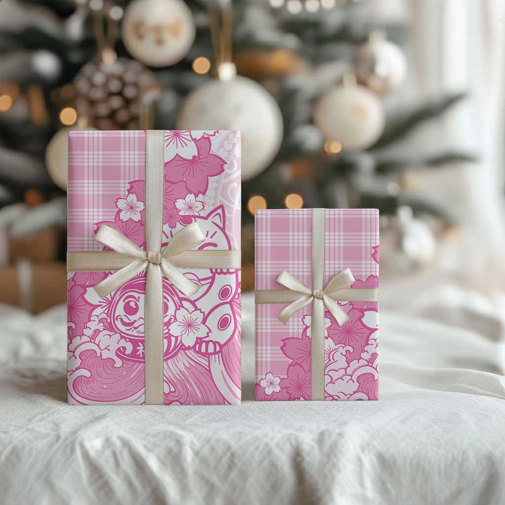 Pink Palaka Hawaiian And Japanese Wrapping Paper Maneki Neko And Sakura Bloom DT05 - Polynesian Pride