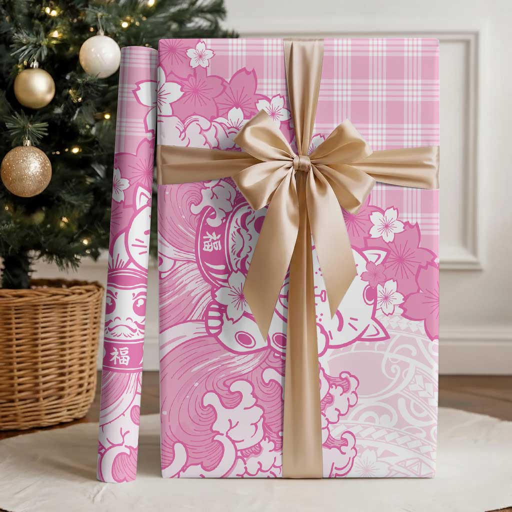 Pink Palaka Hawaiian And Japanese Wrapping Paper Maneki Neko And Sakura Bloom DT05 - Polynesian Pride