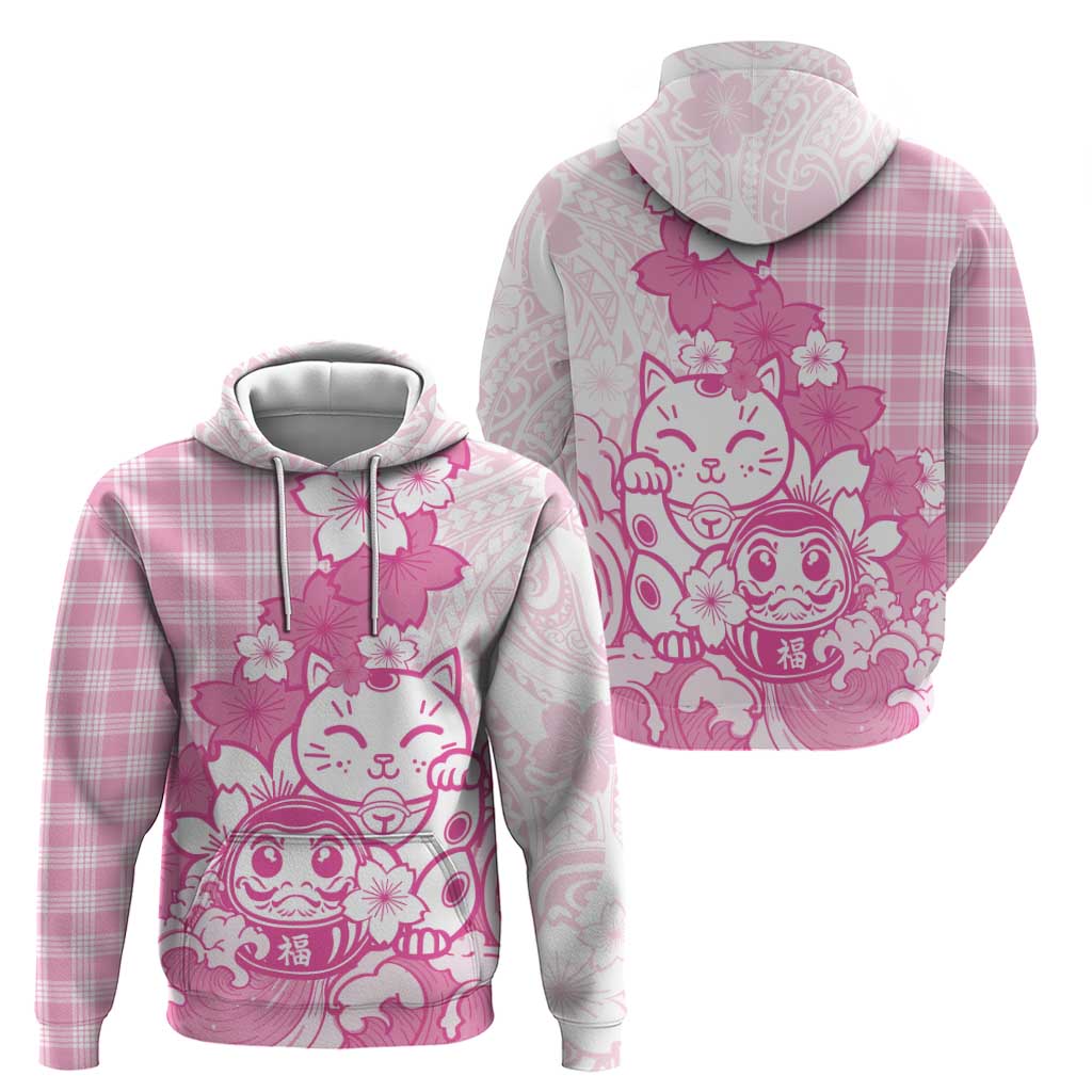 Pink Palaka Hawaiian And Japanese Zip Hoodie Maneki Neko And Sakura Bloom