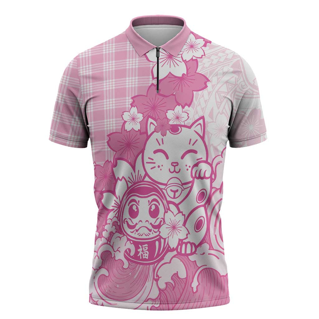 Pink Palaka Hawaiian And Japanese Zipper Polo Shirt Maneki Neko And Sakura Bloom DT05 Pink - Polynesian Pride