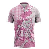 Pink Palaka Hawaiian And Japanese Zipper Polo Shirt Maneki Neko And Sakura Bloom DT05 Pink - Polynesian Pride