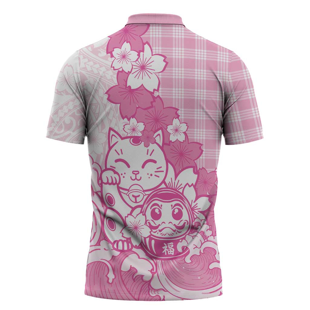 Pink Palaka Hawaiian And Japanese Zipper Polo Shirt Maneki Neko And Sakura Bloom DT05 - Polynesian Pride