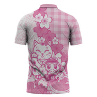 Pink Palaka Hawaiian And Japanese Zipper Polo Shirt Maneki Neko And Sakura Bloom DT05 - Polynesian Pride