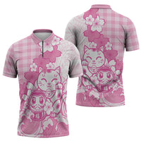 Pink Palaka Hawaiian And Japanese Zipper Polo Shirt Maneki Neko And Sakura Bloom DT05 - Polynesian Pride