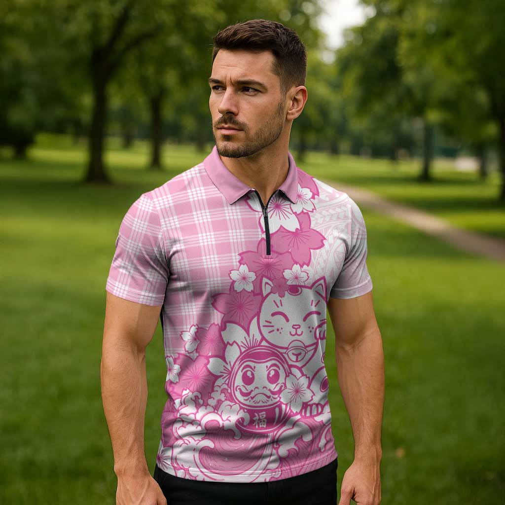Pink Palaka Hawaiian And Japanese Zipper Polo Shirt Maneki Neko And Sakura Bloom DT05 - Polynesian Pride