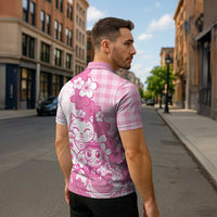 Pink Palaka Hawaiian And Japanese Zipper Polo Shirt Maneki Neko And Sakura Bloom DT05 - Polynesian Pride
