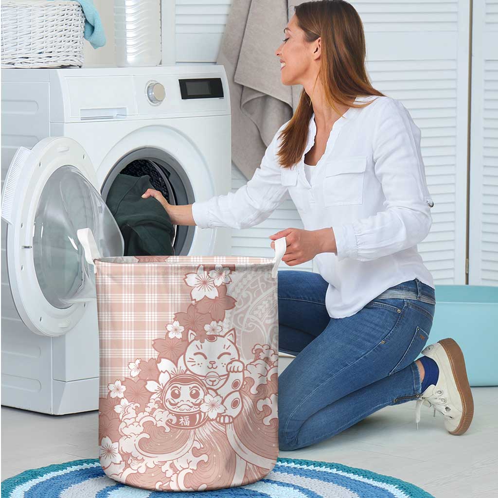 Beige Palaka Hawaiian And Japanese Laundry Basket Maneki Neko And Sakura Bloom DT05 - Polynesian Pride