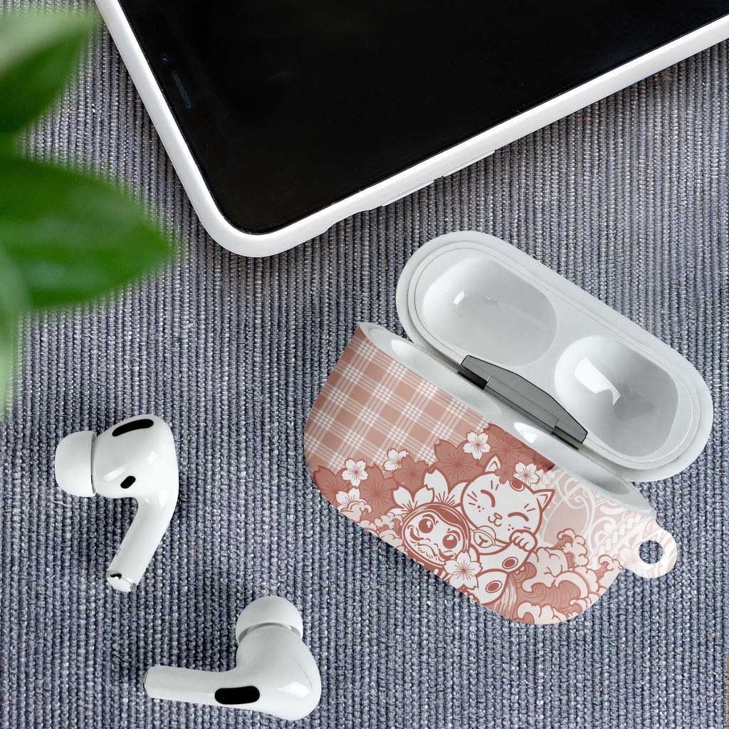 Beige Palaka Hawaiian And Japanese AirPods Case Maneki Neko And Sakura Bloom