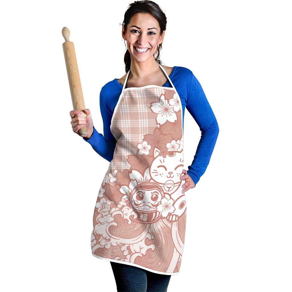 Beige Palaka Hawaiian And Japanese Apron Maneki Neko And Sakura Bloom