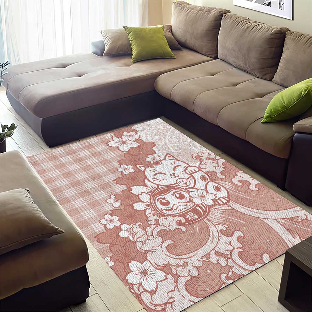 Beige Palaka Hawaiian And Japanese Area Rug Maneki Neko And Sakura Bloom DT05 - Polynesian Pride