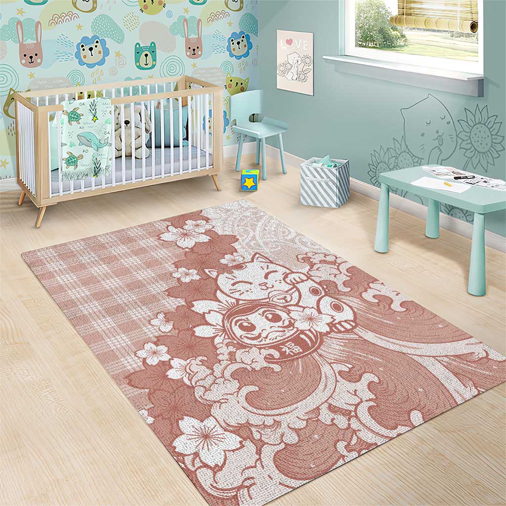Beige Palaka Hawaiian And Japanese Area Rug Maneki Neko And Sakura Bloom DT05 - Polynesian Pride