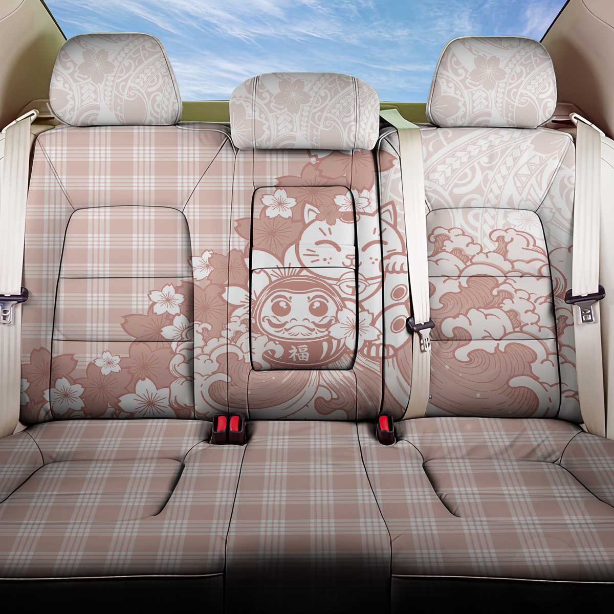 Beige Palaka Hawaiian And Japanese Back Car Seat Cover Maneki Neko And Sakura Bloom