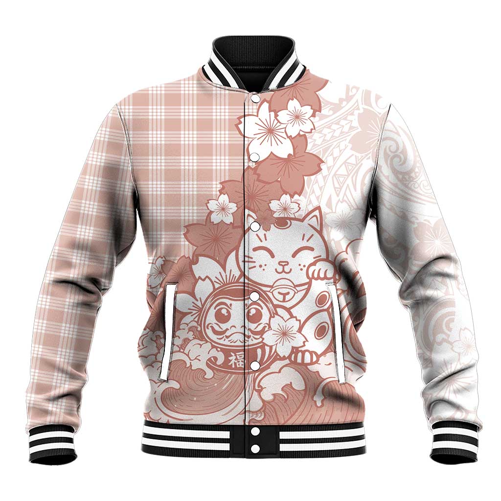 Beige Palaka Hawaiian And Japanese Baseball Jacket Maneki Neko And Sakura Bloom