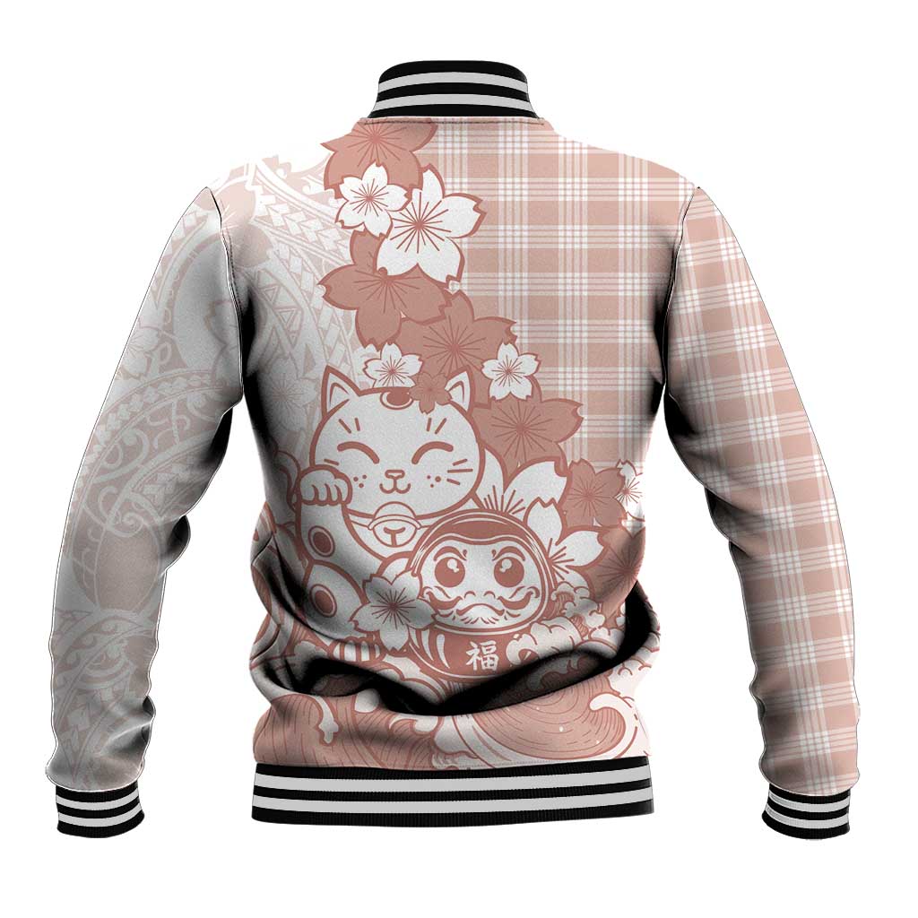 Beige Palaka Hawaiian And Japanese Baseball Jacket Maneki Neko And Sakura Bloom