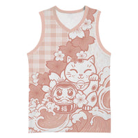 Beige Palaka Hawaiian And Japanese Basketball Jersey Maneki Neko And Sakura Bloom