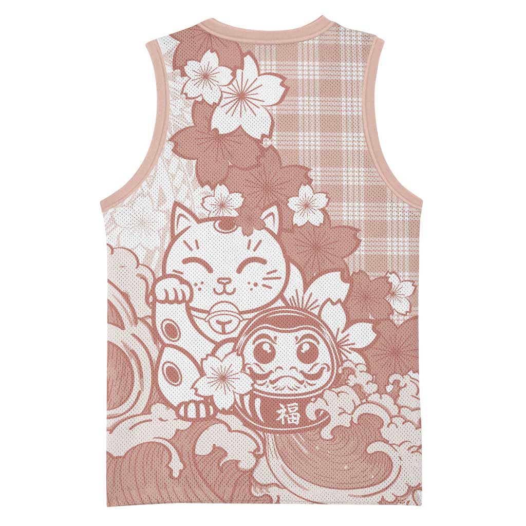 Beige Palaka Hawaiian And Japanese Basketball Jersey Maneki Neko And Sakura Bloom