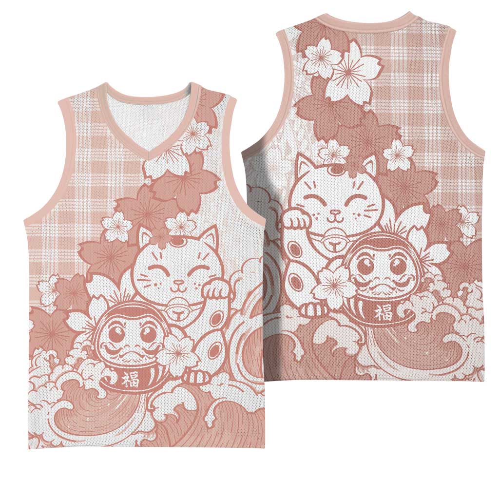 Beige Palaka Hawaiian And Japanese Basketball Jersey Maneki Neko And Sakura Bloom