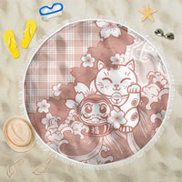 Beige Palaka Hawaiian And Japanese Beach Blanket Maneki Neko And Sakura Bloom