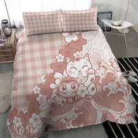 Beige Palaka Hawaiian And Japanese Bedding Set Maneki Neko And Sakura Bloom
