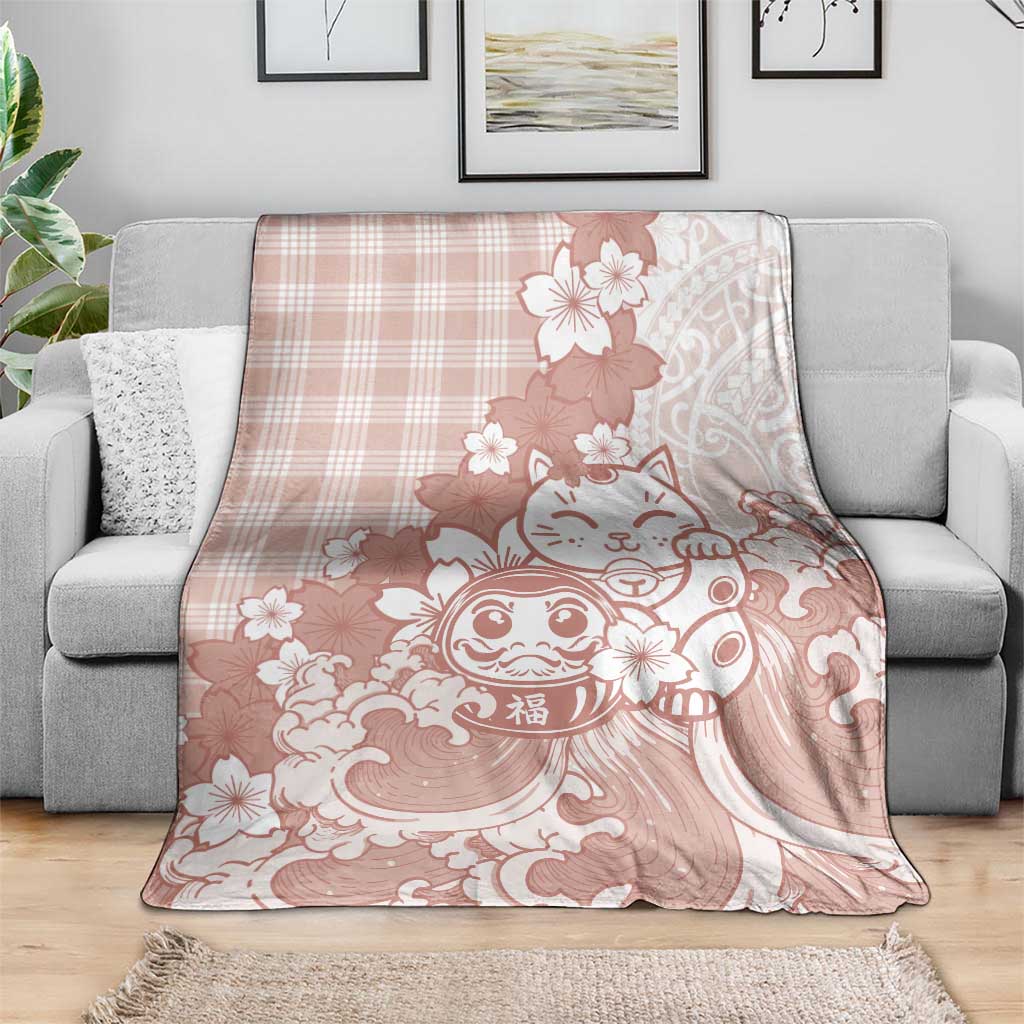 Beige Palaka Hawaiian And Japanese Blanket Maneki Neko And Sakura Bloom
