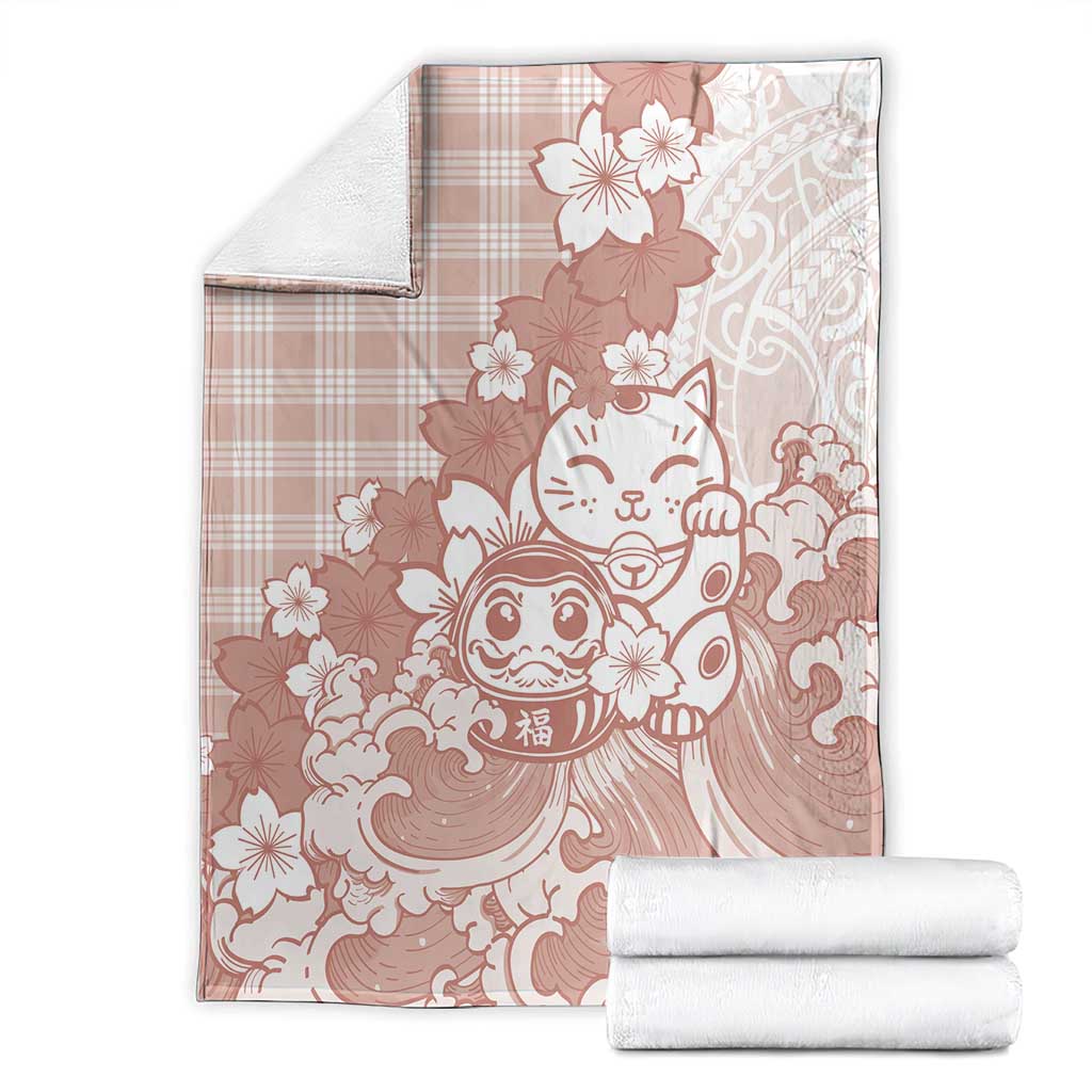 Beige Palaka Hawaiian And Japanese Blanket Maneki Neko And Sakura Bloom