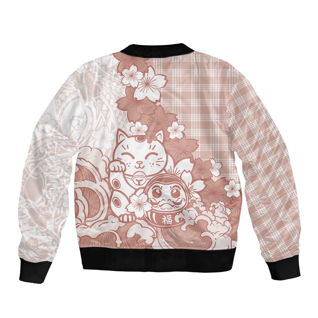 Beige Palaka Hawaiian And Japanese Bomber Jacket Maneki Neko And Sakura Bloom