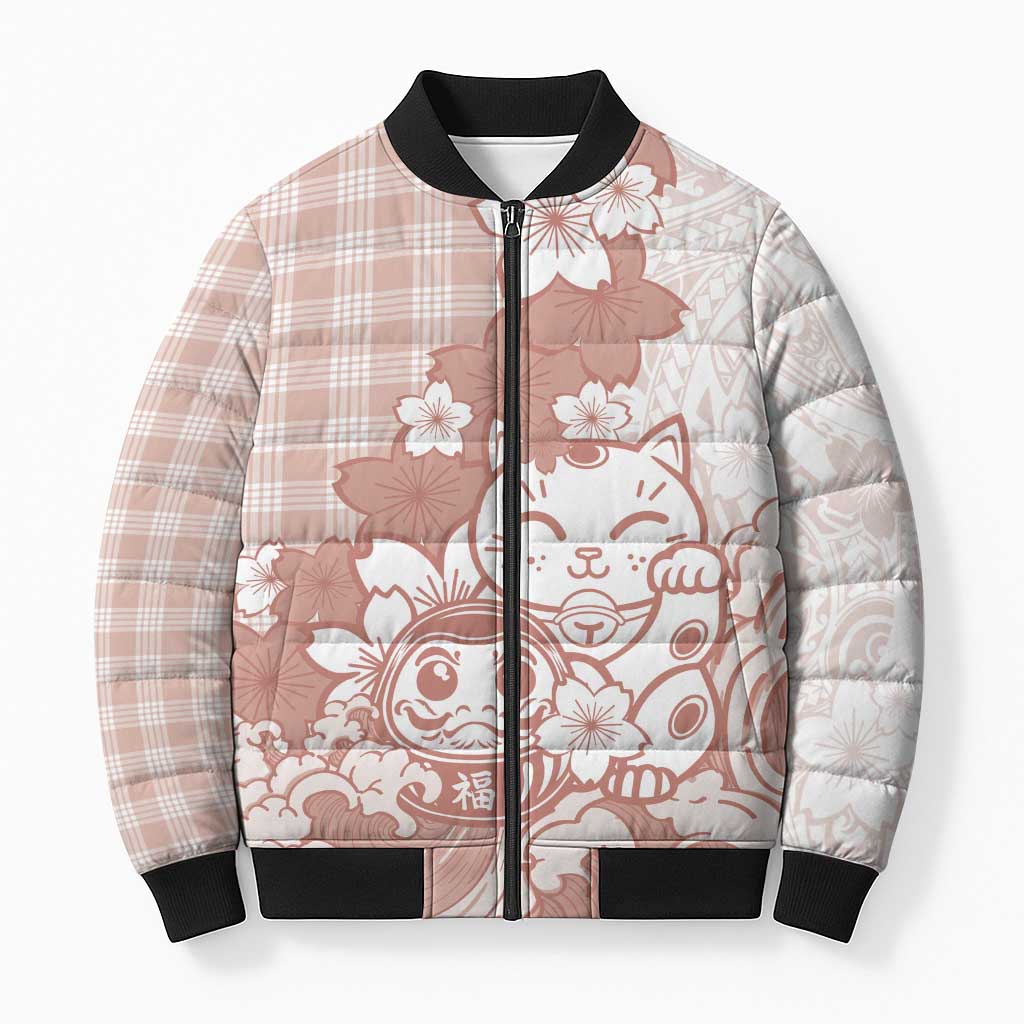Beige Palaka Hawaiian And Japanese Bomber Puffer Jacket Maneki Neko And Sakura Bloom