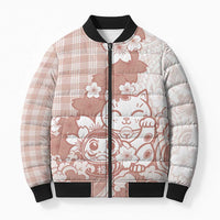 Beige Palaka Hawaiian And Japanese Bomber Puffer Jacket Maneki Neko And Sakura Bloom DT05 Unisex Beige - Polynesian Pride
