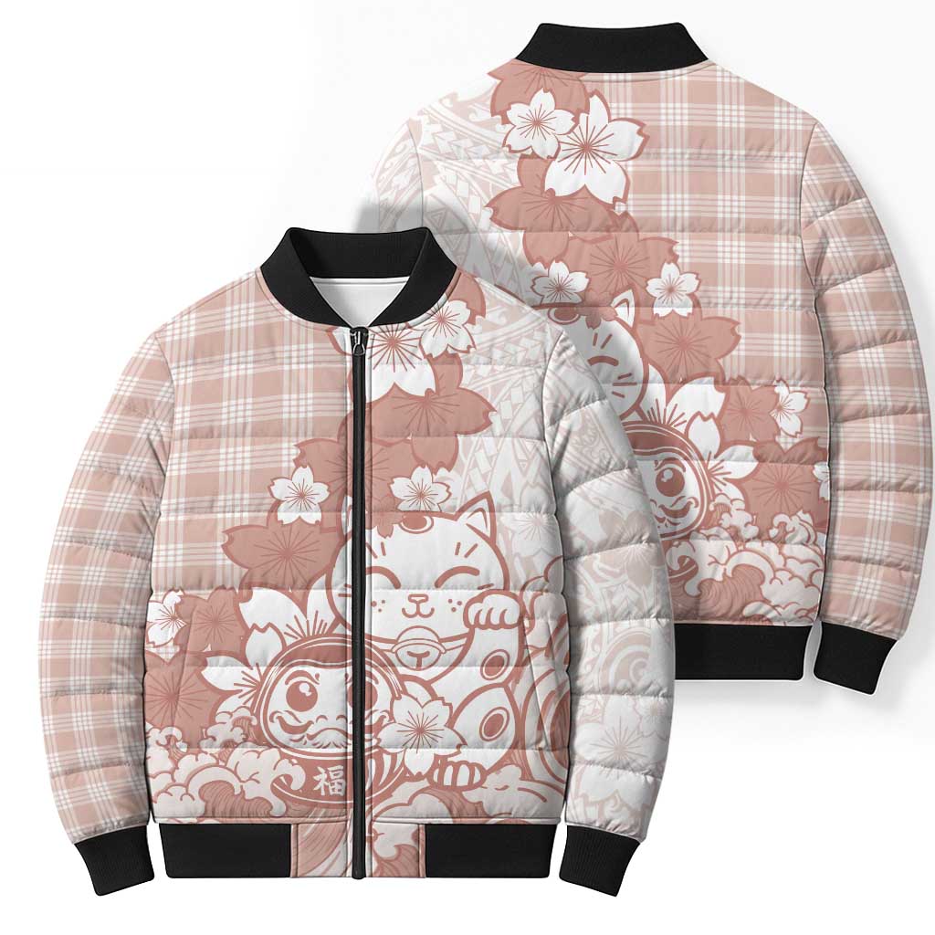 Beige Palaka Hawaiian And Japanese Bomber Puffer Jacket Maneki Neko And Sakura Bloom DT05 - Polynesian Pride