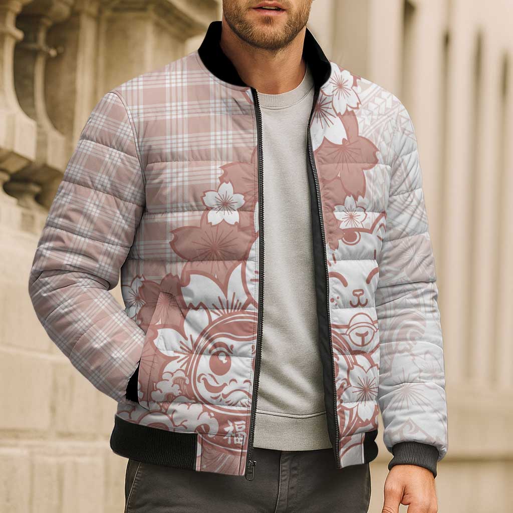 Beige Palaka Hawaiian And Japanese Bomber Puffer Jacket Maneki Neko And Sakura Bloom DT05 - Polynesian Pride