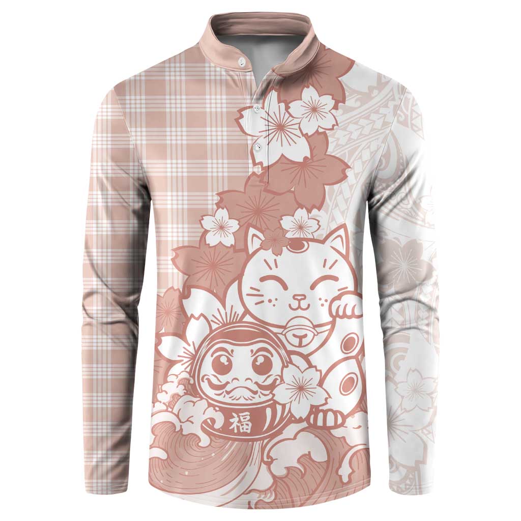 Beige Palaka Hawaiian And Japanese Button Sweatshirt Maneki Neko And Sakura Bloom