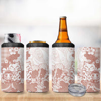 Beige Palaka Hawaiian And Japanese 4 in 1 Can Cooler Tumbler Maneki Neko And Sakura Bloom