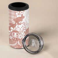 Beige Palaka Hawaiian And Japanese 4 in 1 Can Cooler Tumbler Maneki Neko And Sakura Bloom