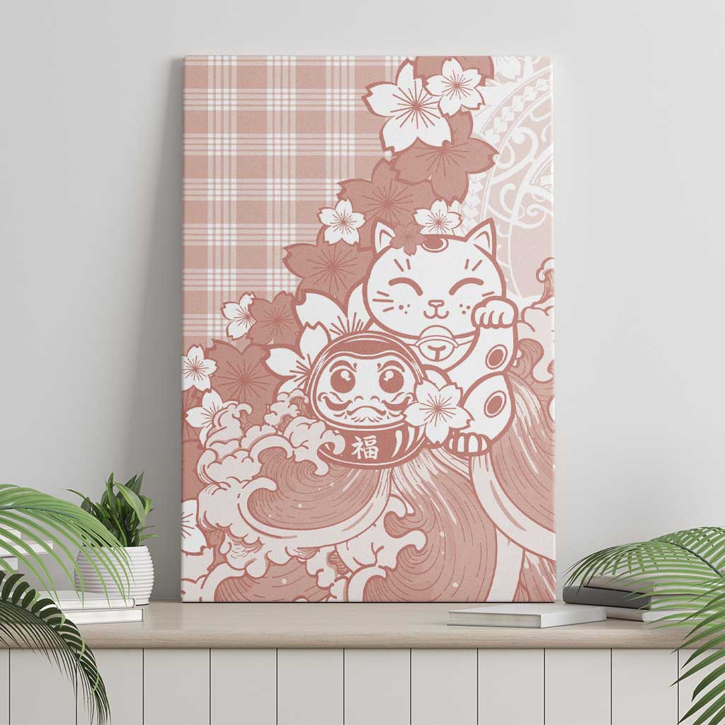 Beige Palaka Hawaiian And Japanese Canvas Wall Art Maneki Neko And Sakura Bloom DT05 - Polynesian Pride