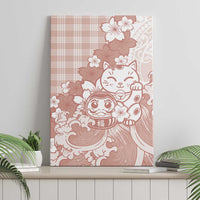 Beige Palaka Hawaiian And Japanese Canvas Wall Art Maneki Neko And Sakura Bloom DT05 - Polynesian Pride