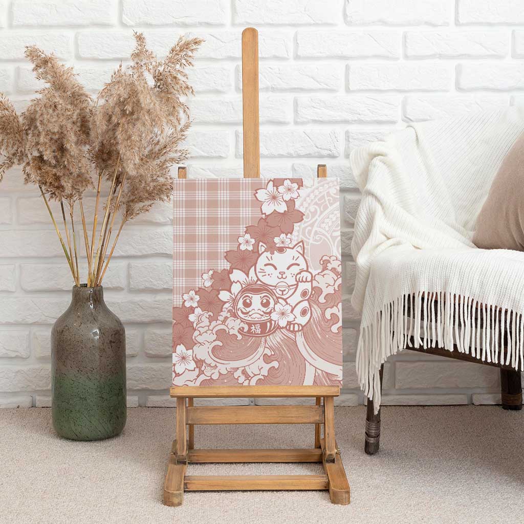 Beige Palaka Hawaiian And Japanese Canvas Wall Art Maneki Neko And Sakura Bloom DT05 - Polynesian Pride