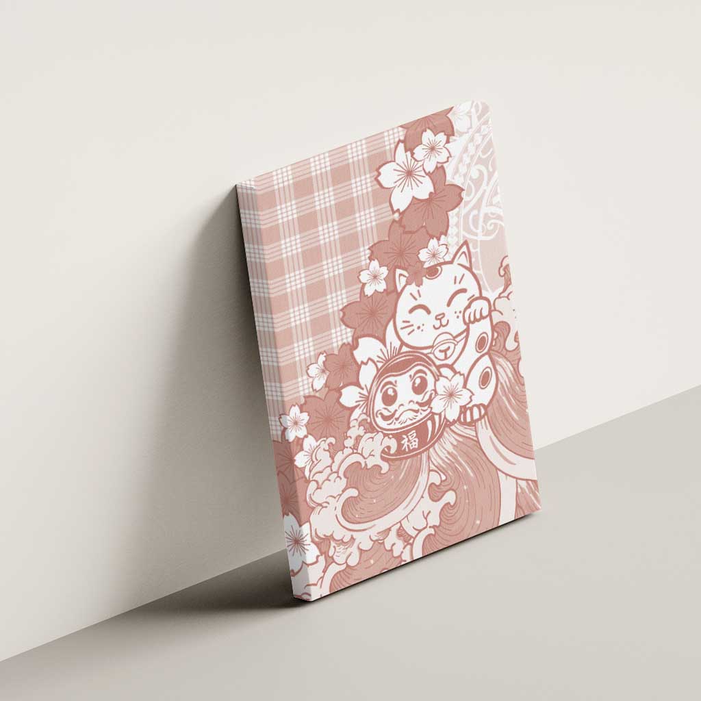 Beige Palaka Hawaiian And Japanese Canvas Wall Art Maneki Neko And Sakura Bloom DT05 - Polynesian Pride