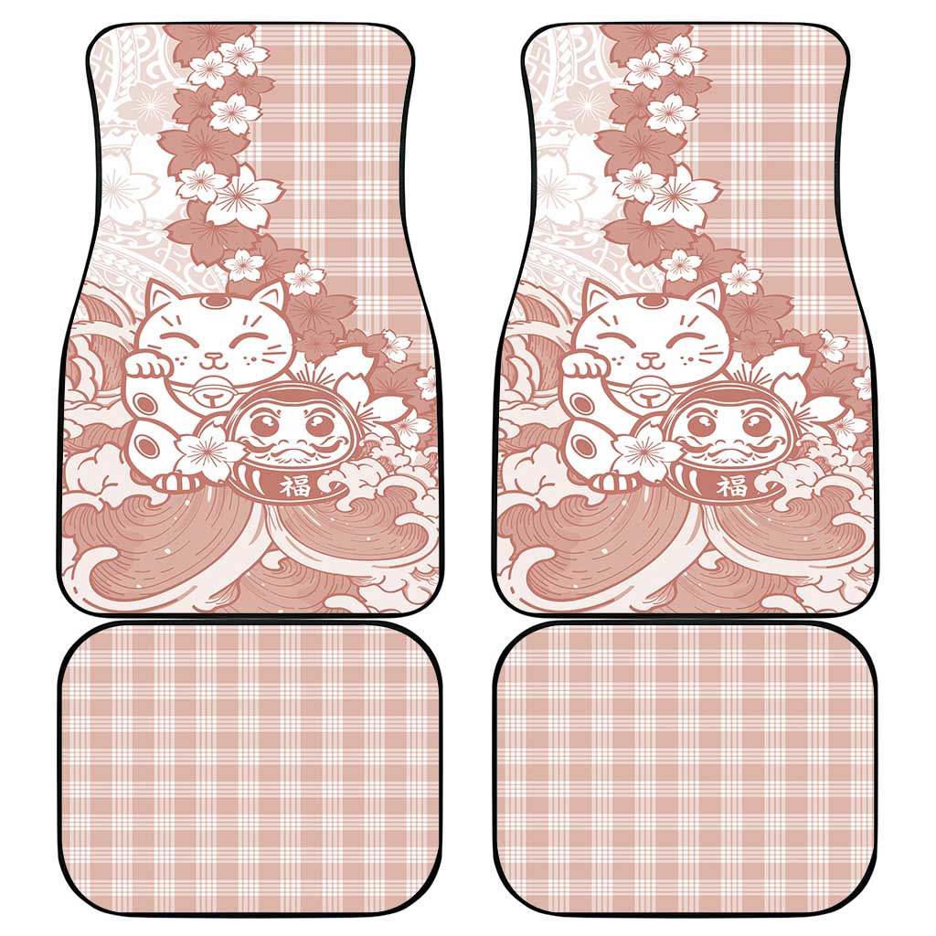Beige Palaka Hawaiian And Japanese Car Mats Maneki Neko And Sakura Bloom DT05 - Polynesian Pride