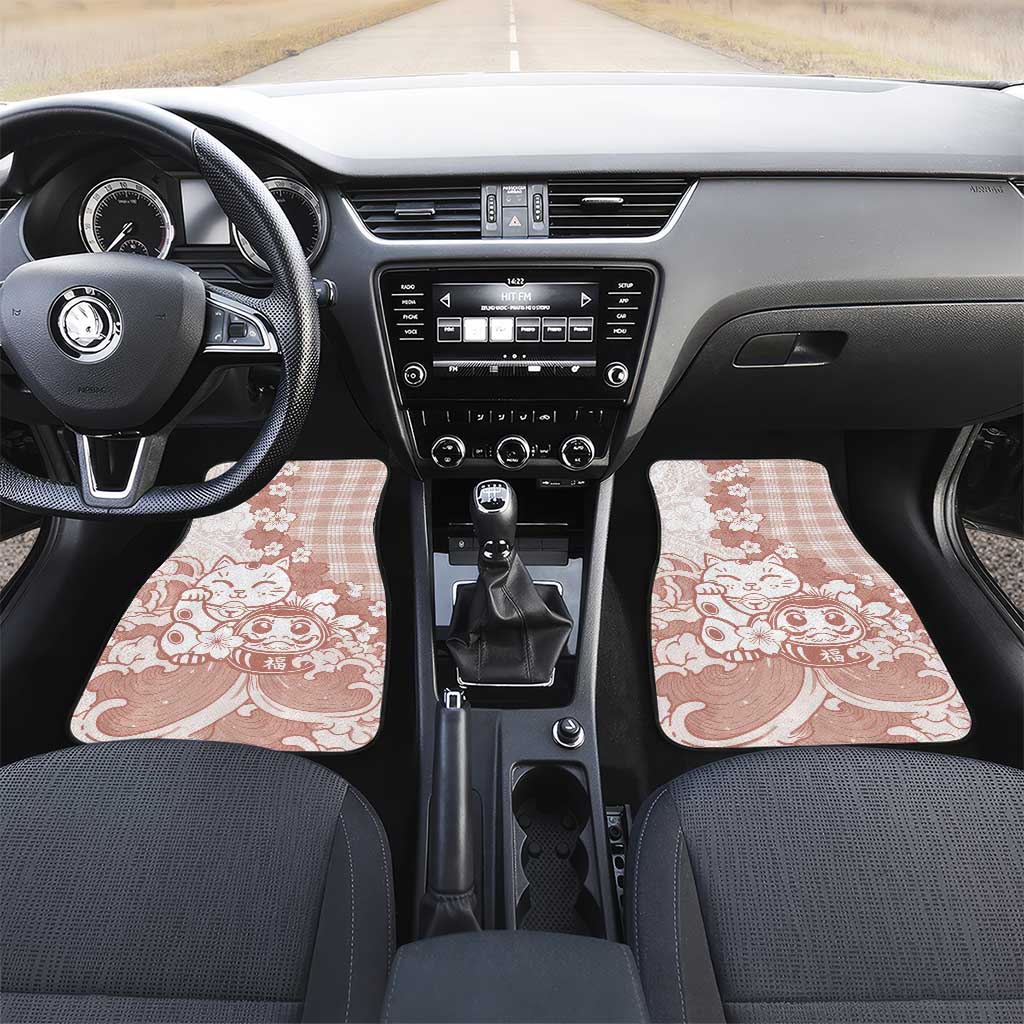 Beige Palaka Hawaiian And Japanese Car Mats Maneki Neko And Sakura Bloom DT05 Set 2pcs - Front Beige - Polynesian Pride