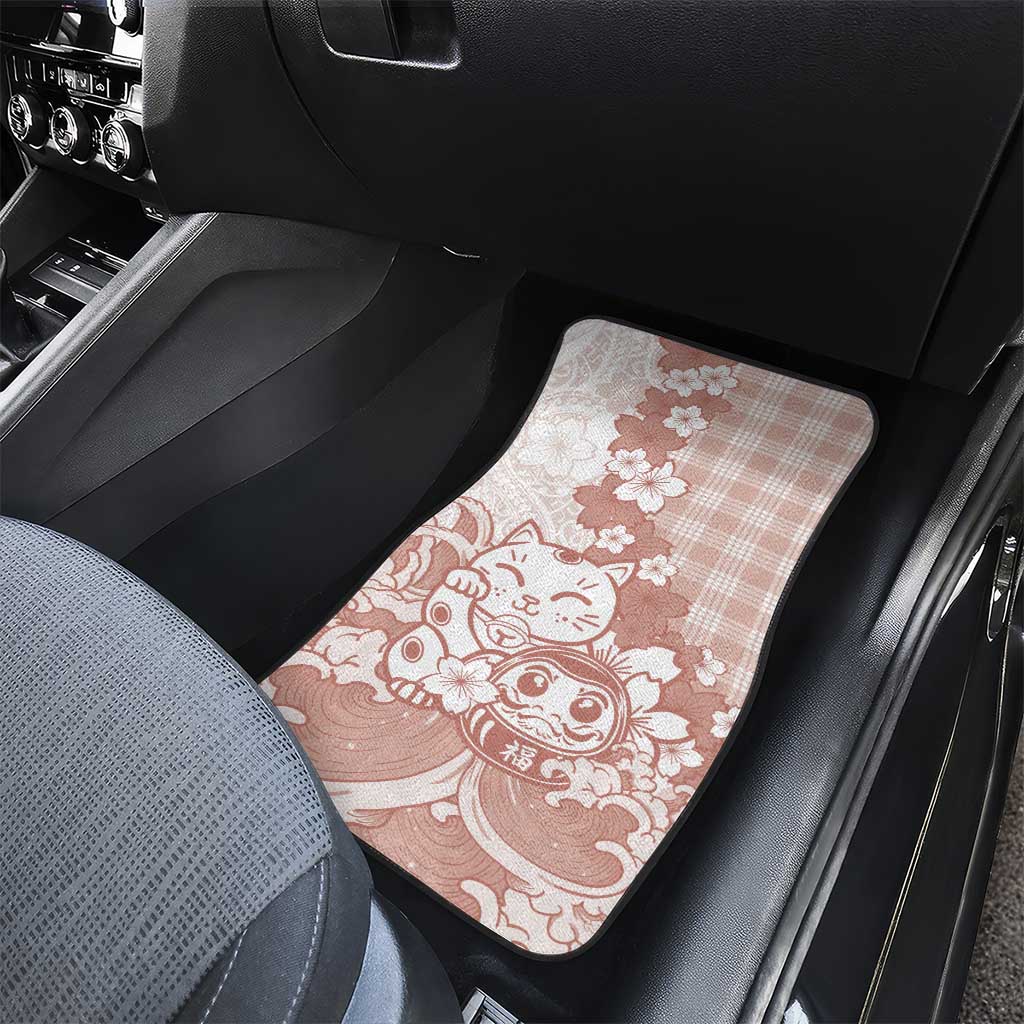 Beige Palaka Hawaiian And Japanese Car Mats Maneki Neko And Sakura Bloom DT05 - Polynesian Pride