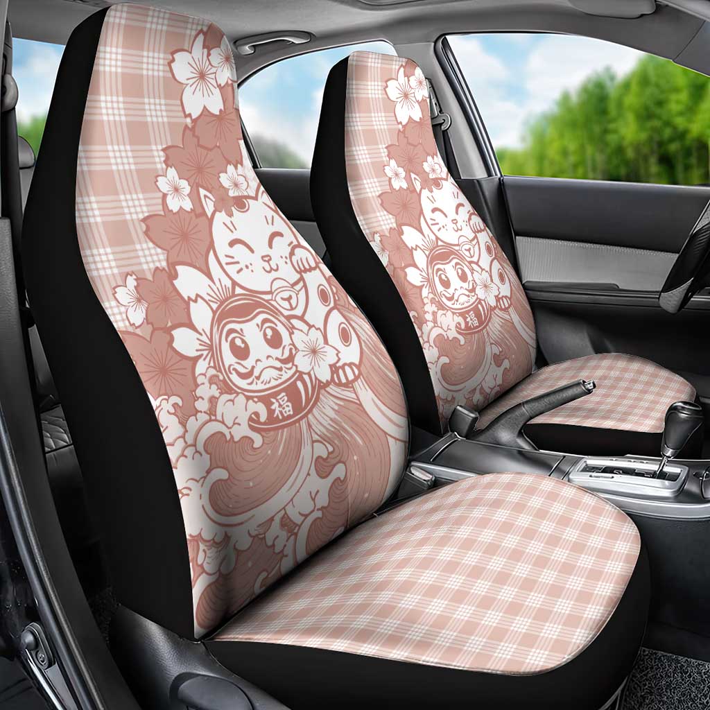 Beige Palaka Hawaiian And Japanese Car Seat Cover Maneki Neko And Sakura Bloom