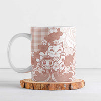 Beige Palaka Hawaiian And Japanese Ceramic Mug Maneki Neko And Sakura Bloom